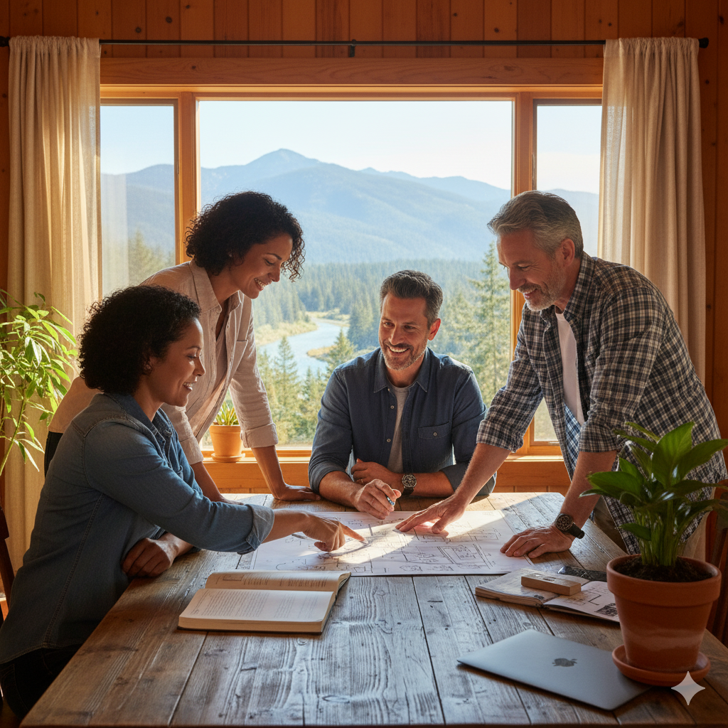 Two couples  going over home plans